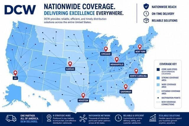 DCW nationwide coverage map — 8 strategic hubs including Los Angeles, Kansas, Houston, Chicago, Indianapolis, North Carolina, Savannah and New York, connected to a nationwide distribution network across all 50 states
